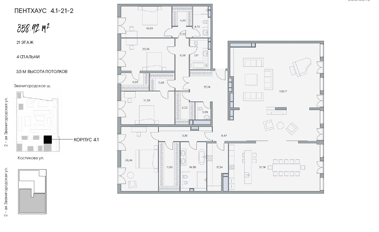 Пентхаус в ЖК «Lucky» («Лаки»), ул. 2-я Звенигородская, 12, 358 кв. м, №.1-21-2