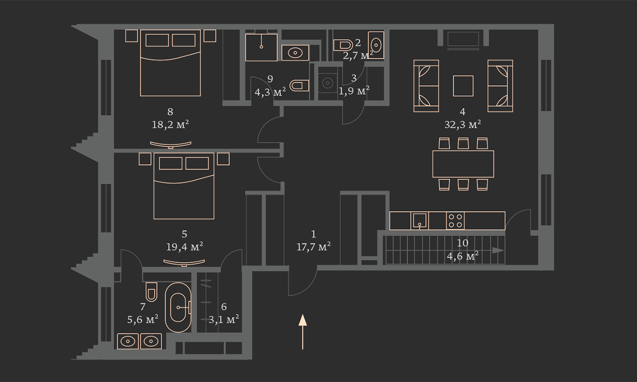 Двухуровневый пентхаус в ЖК «Большая Дмитровка IX, ул. Б. Дмитровка, 9, 120.9 кв.м.