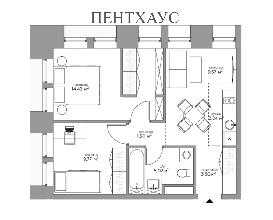 Одноуровневый пентхаус №242, Комплекс апартаментов «BAIRES», 65 кв.м.