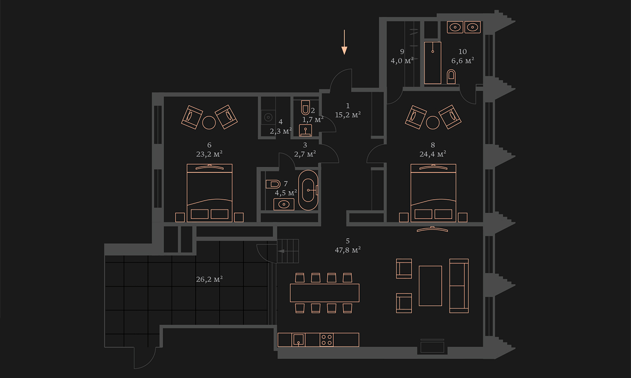 Двухуровневый пентхаус с террасой в ЖК «Большая Дмитровка IX, ул. Б. Дмитровка, 9, 159,93 кв.м.