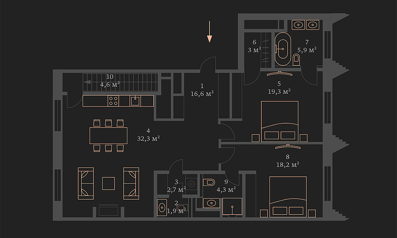 Двухуровневый пентхаус с террасой в ЖК «Большая Дмитровка IX, ул. Б. Дмитровка, 9, 159,93 кв.м.